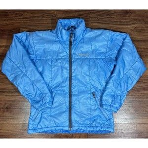 Marmot Puffer Jacket Womens Size Small Blue Full Zip Mock Neck Primaloft FLAWS